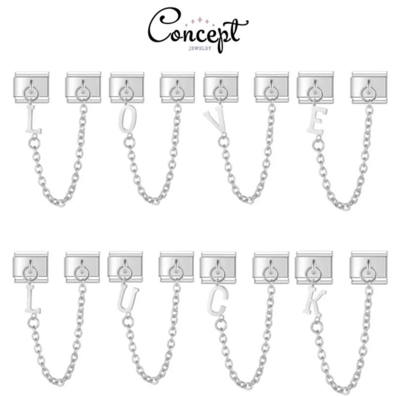 

CONCEPT Fashion Chain Letter Elastic Charm Italian Links Fit 9mm Stainless Steel Modular Bracelet Making Women DIY Jewelry