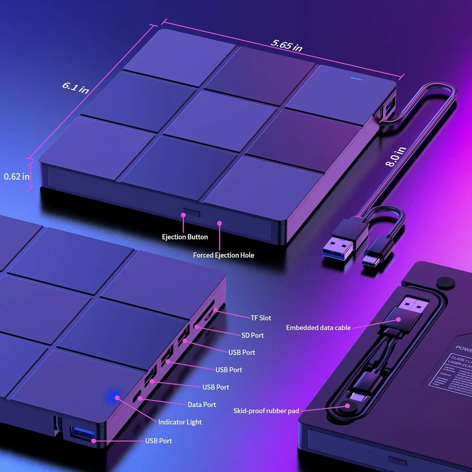 محرك أقراص CD/DVD خارجي، مشغل DVD لأجهزة الكمبيوتر المحمول، محرك أقراص مضغوطة محمول فائق النحافة USB 3.0 متوافق مع أجهزة الكمبيوتر المكتبية Mac