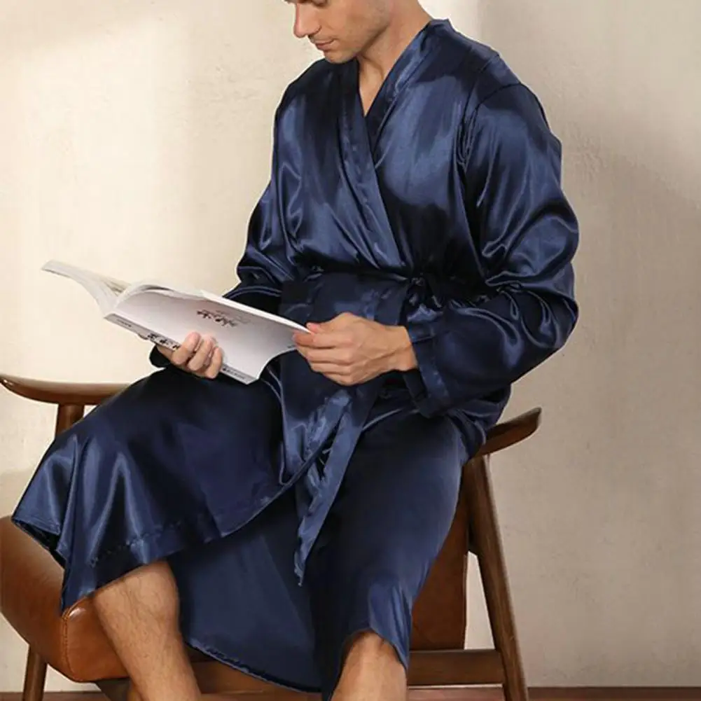 Side Pockets Bathrobe Solid Color Bathrobe Soft Breathable Men's Satin V Neck Bathrobe with Lace Up Waist Belt Long for Fall