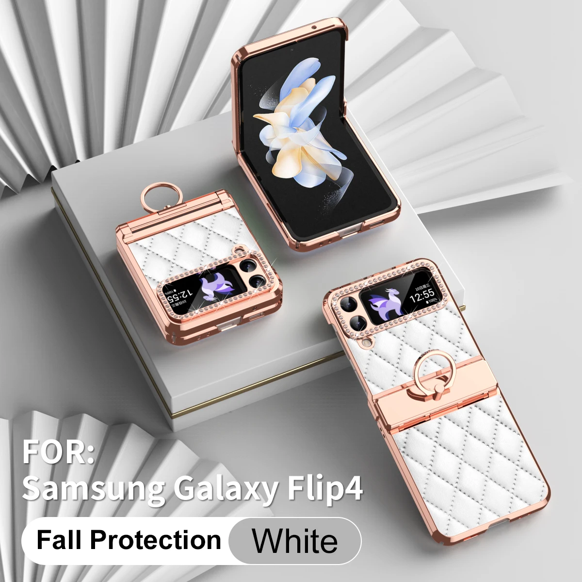 Etui Samsung Galaxy Z Flip 4 3, luksusowe etui ze skóry PU, twarde PC, galwanizowana ramka, zawias, odporna na wstrząsy, uchwyt pierścieniowy — zdjęcie 5