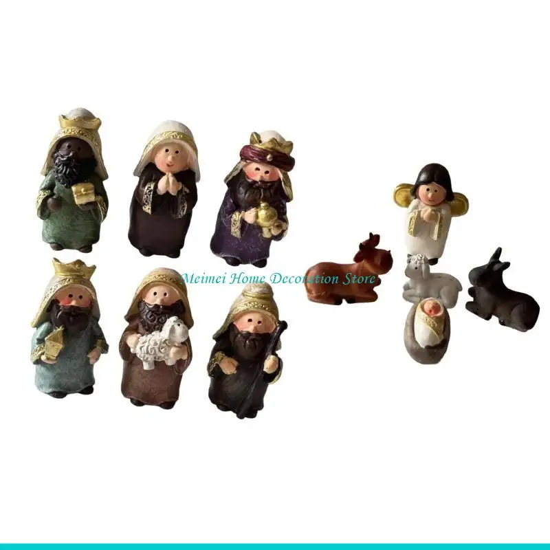 H7BF 11Pieces Resins Nativity Scene Miniature Figures Set for Festival Home and Church Decoration Ornaments or Christmas Gift