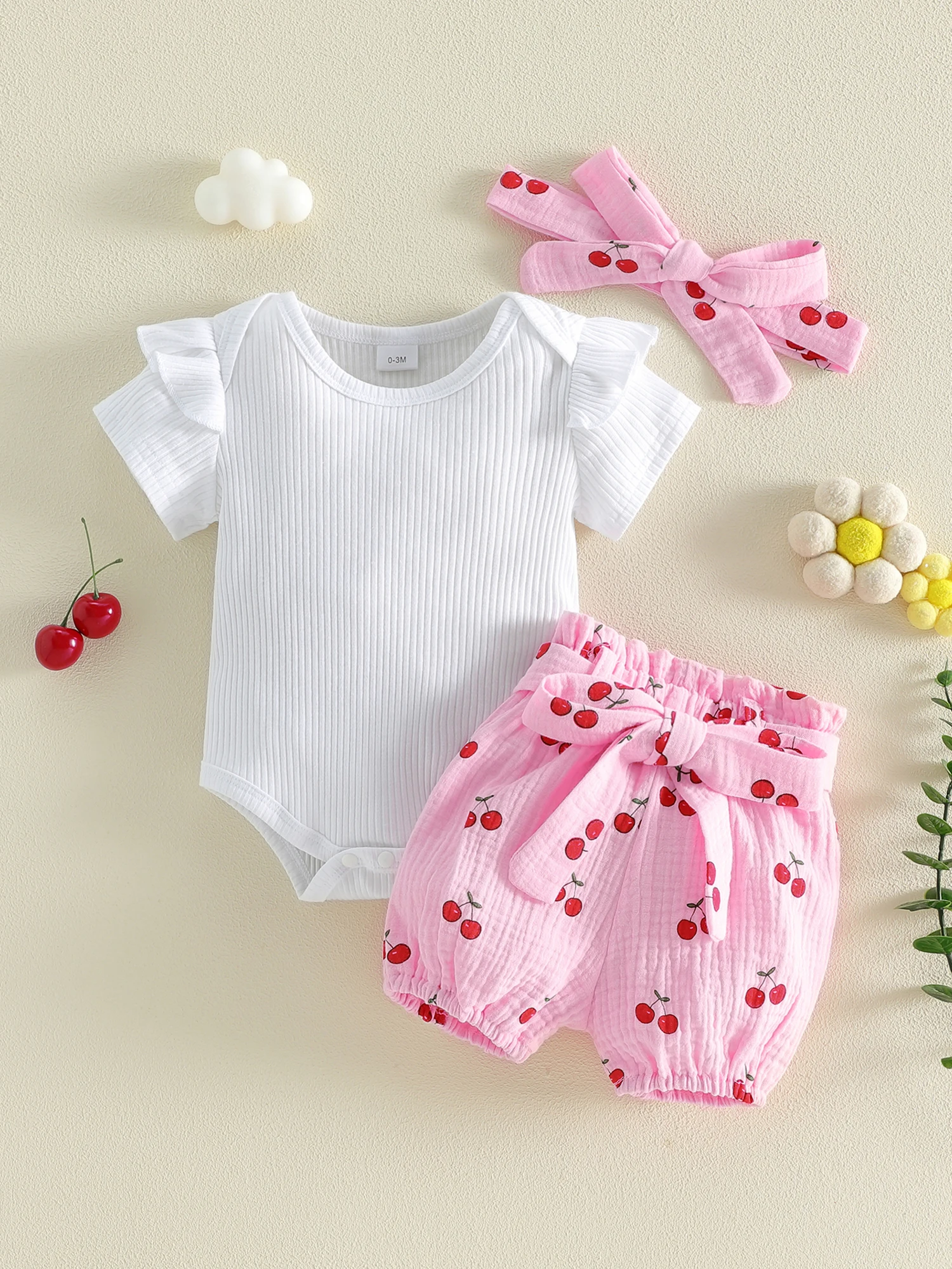 

Милый комплект одежды из 3 предметов для маленьких девочек: боди с рюшами на рукавах, брюки с цветочным принтом и повязка на голову с бантом - милый летний наряд