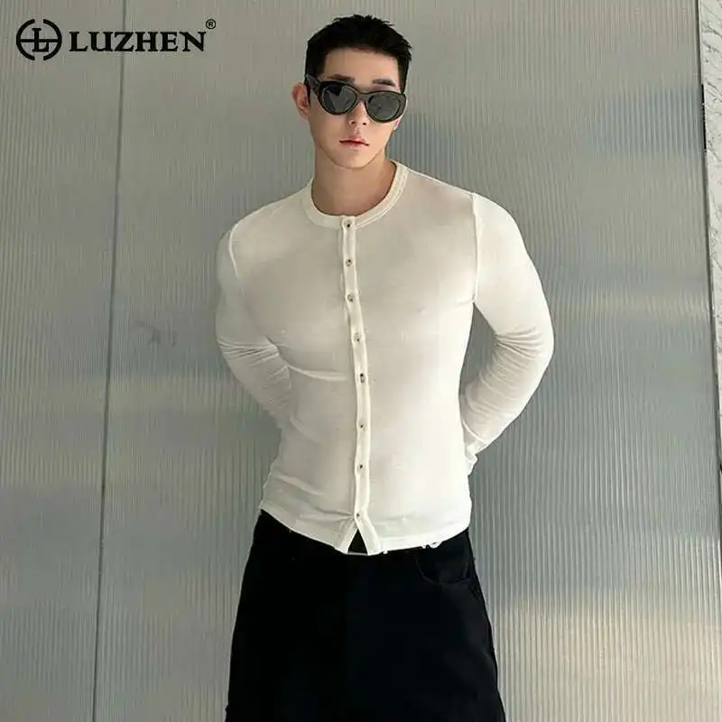

LUZHEN 2025 Spring New Korean Fashion Casual Cardigan Tops Men's Original Long Sleeve Solid Color Slim Handsome T-shirts LZ9782
