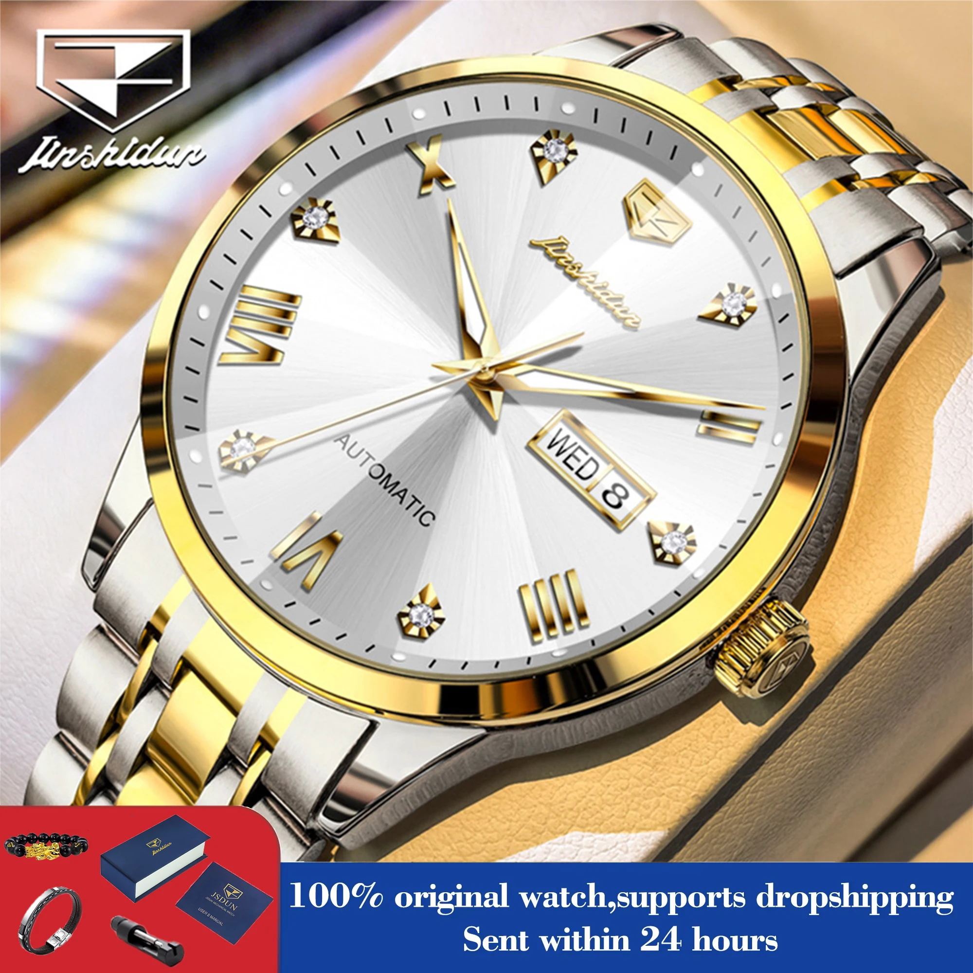JSDUN 8998 Original Mens Watch Automatic Mechanical Watches for Men Stainless Steel Waterproof Super Luminous Day Date Watches