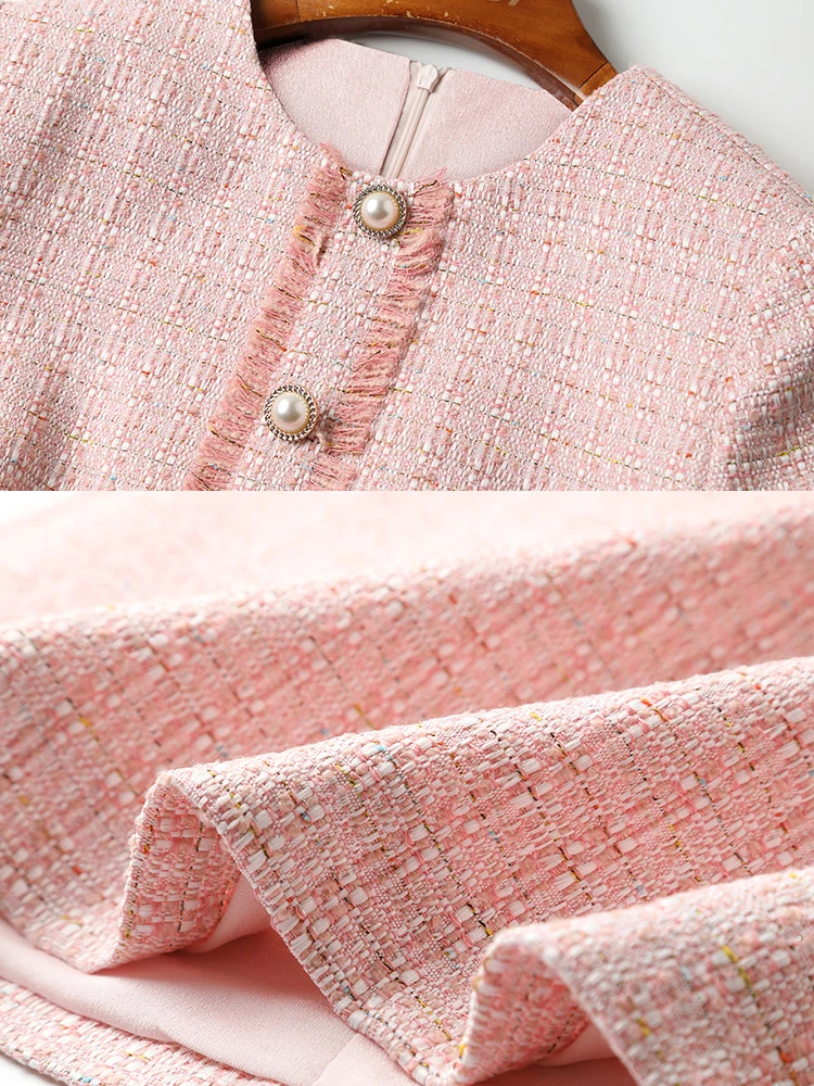 EVNISI-vestido rosa de Tweed para mujer, Vestidos de punto con cuello Peter Pan, a cuadros, para oficina, otoño e invierno, 2022