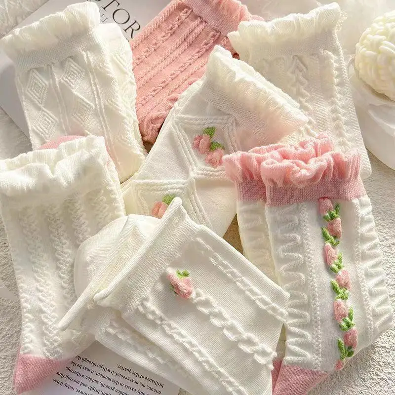 5 Pairs Lolita Japanese Woman Cute White Short Socks Set Girl Spring Summer Sweet Ruffle Lovely Cotton Socks For Women