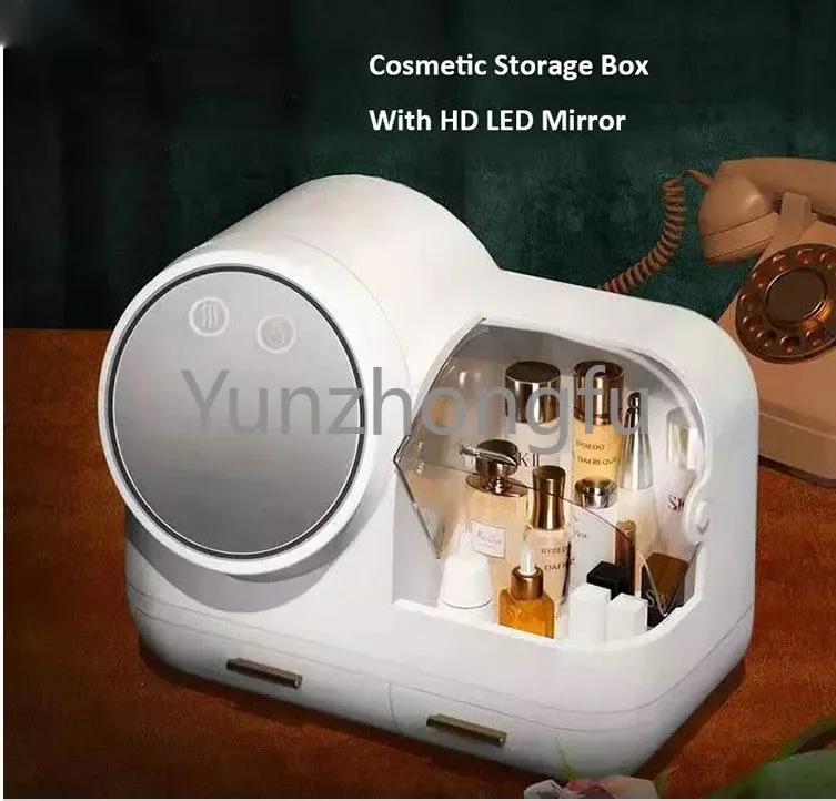 Hot Sale Dust proof Portable Cosmetic Jewelry Storage Box With Led Mirror Makeup Organizer With Drawers With Cool Wind