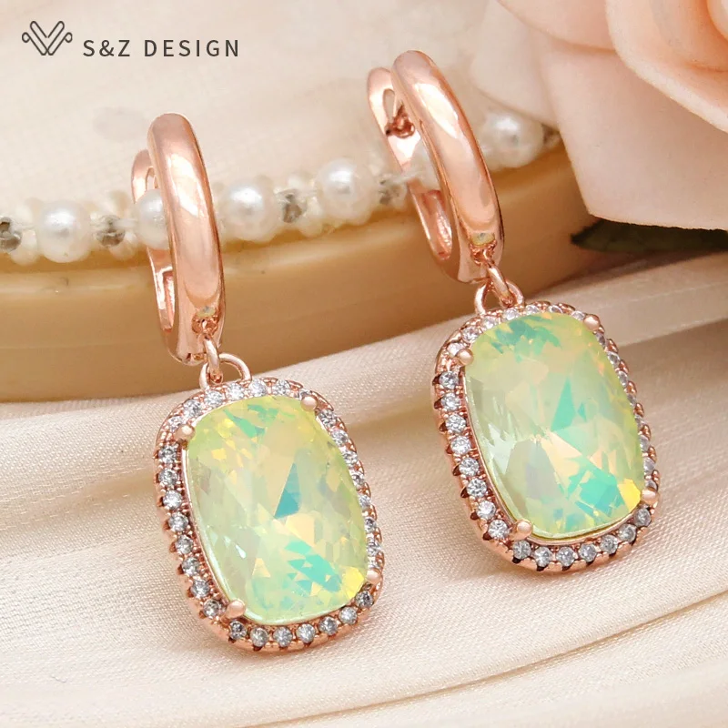 S&Z DESIGN New Fashion Elegant Rectangle Crystal Dangle Earrings For Women Wedding 585 Rose Gold Color Cubic Zirconia Jewelry