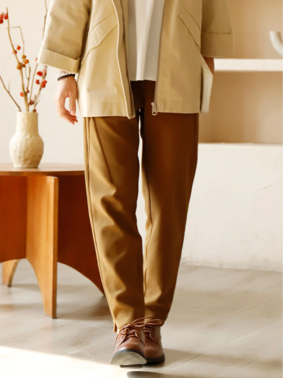 

Retro Coffee Color Slim Fit Pants Artistic Straight Leg Trousers for Women High Waist Commute Sle Cotton Long Pants