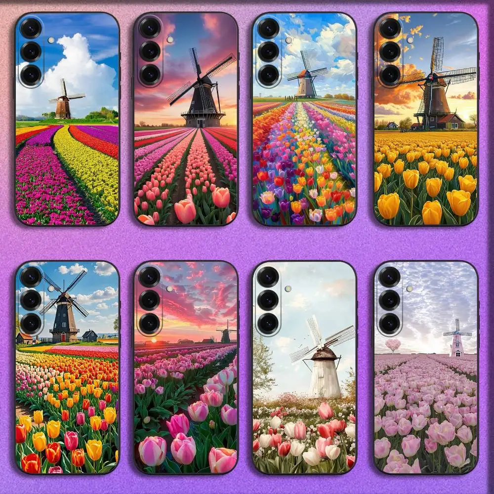 

Tulip field windmill Phone Case For Samsung S25,S24,S21,S22,S23,S30,Ultra,S20,Plus,Fe,Lite,5G Black Cover
