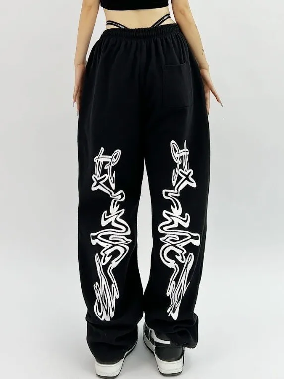 Retro American Streetwear Jazz Dance Loose Sports Straight Leg Pants Cuffed Printed Trousers for Women Polyester 100%