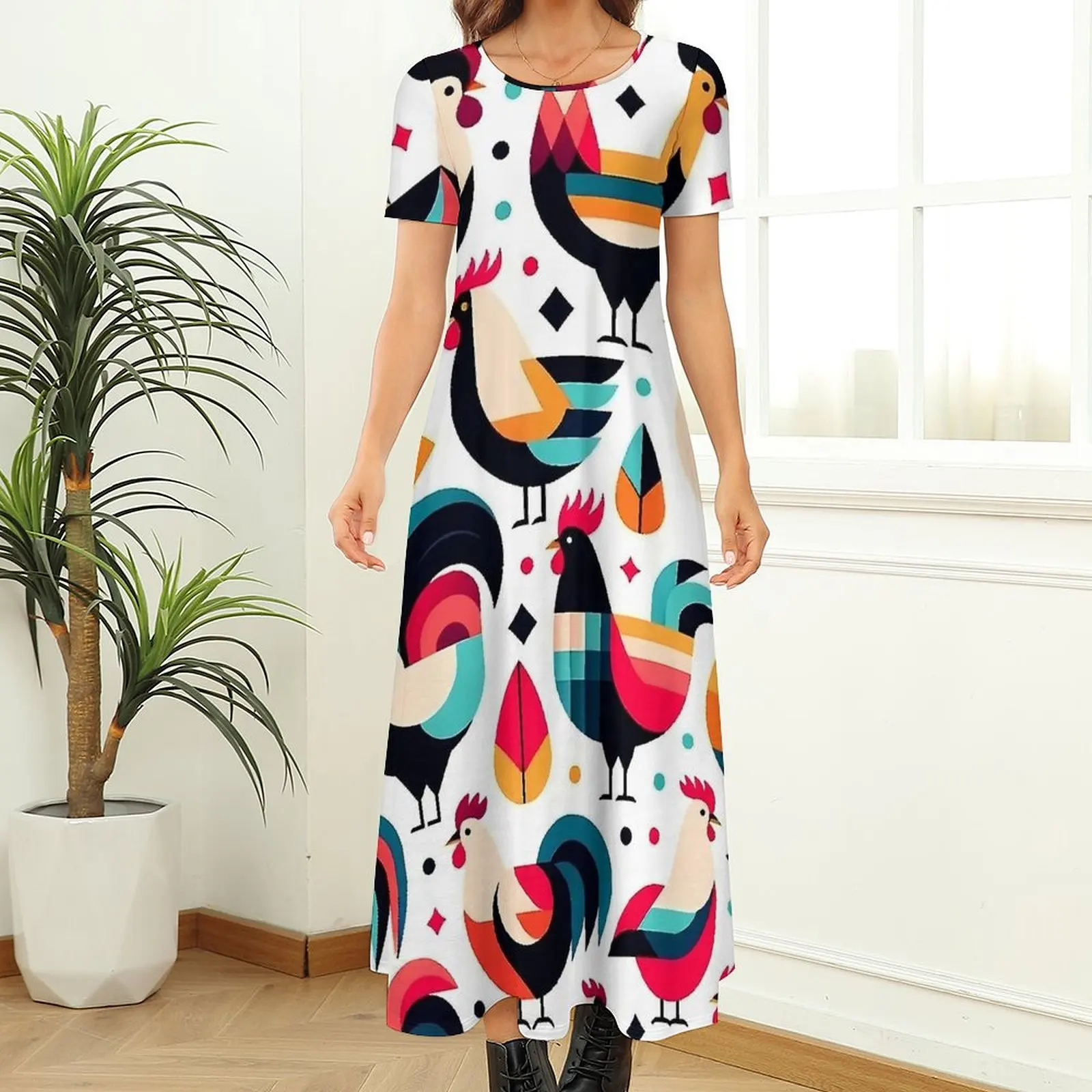 Rooster Chickens Hen Dress Abstract Animal Aesthetic Bohemia Long Dresses Woman Cute Maxi Dress 5XL 6XL 7XL