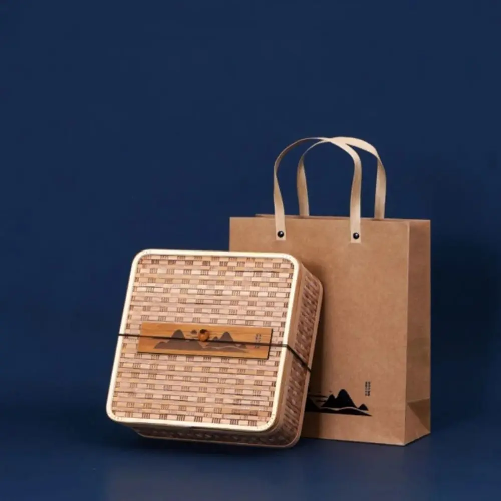 Bamboo Woven Pattern Brick Tea Box Vintage Reusable Empty Storage Box With Lid Eco Friendly Food Basket Pu'er Tea