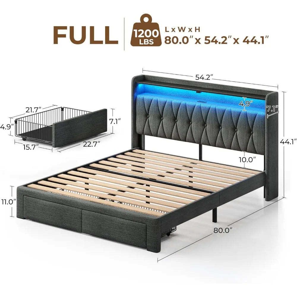 Full Bed Frame with Drawers, Storage Headboard with Charging Station and LED Lights, Upholstered Bed with Heavy Duty Wood Slats