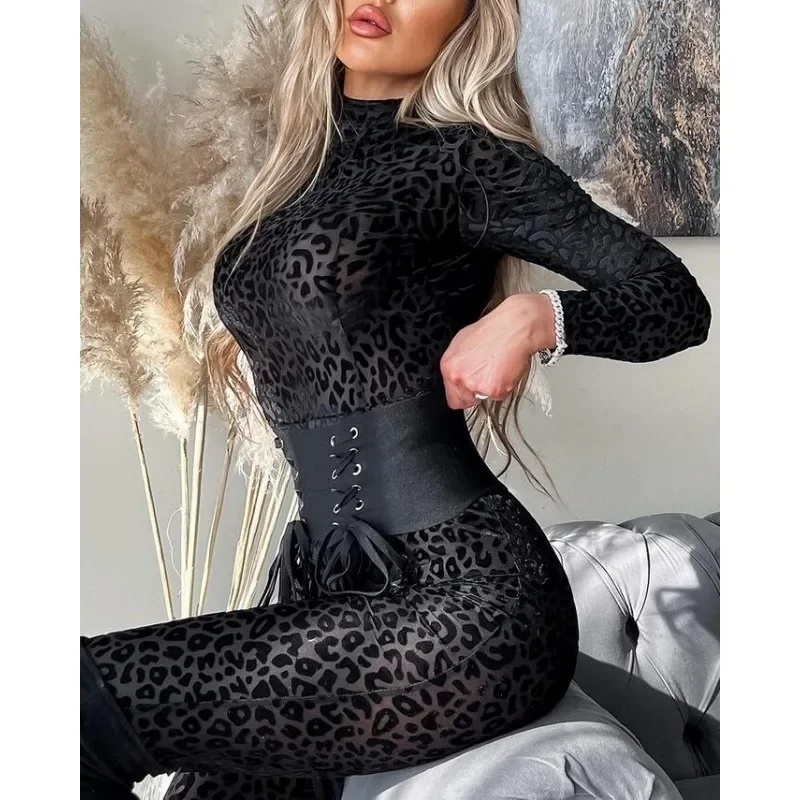 Trend Slim-Fit Bodycon Jumpsuits Women Flocking See-through Jumpsuit Rompers High Waist Long-Sleeved Sexy Skinny Sexy Jumpsuits