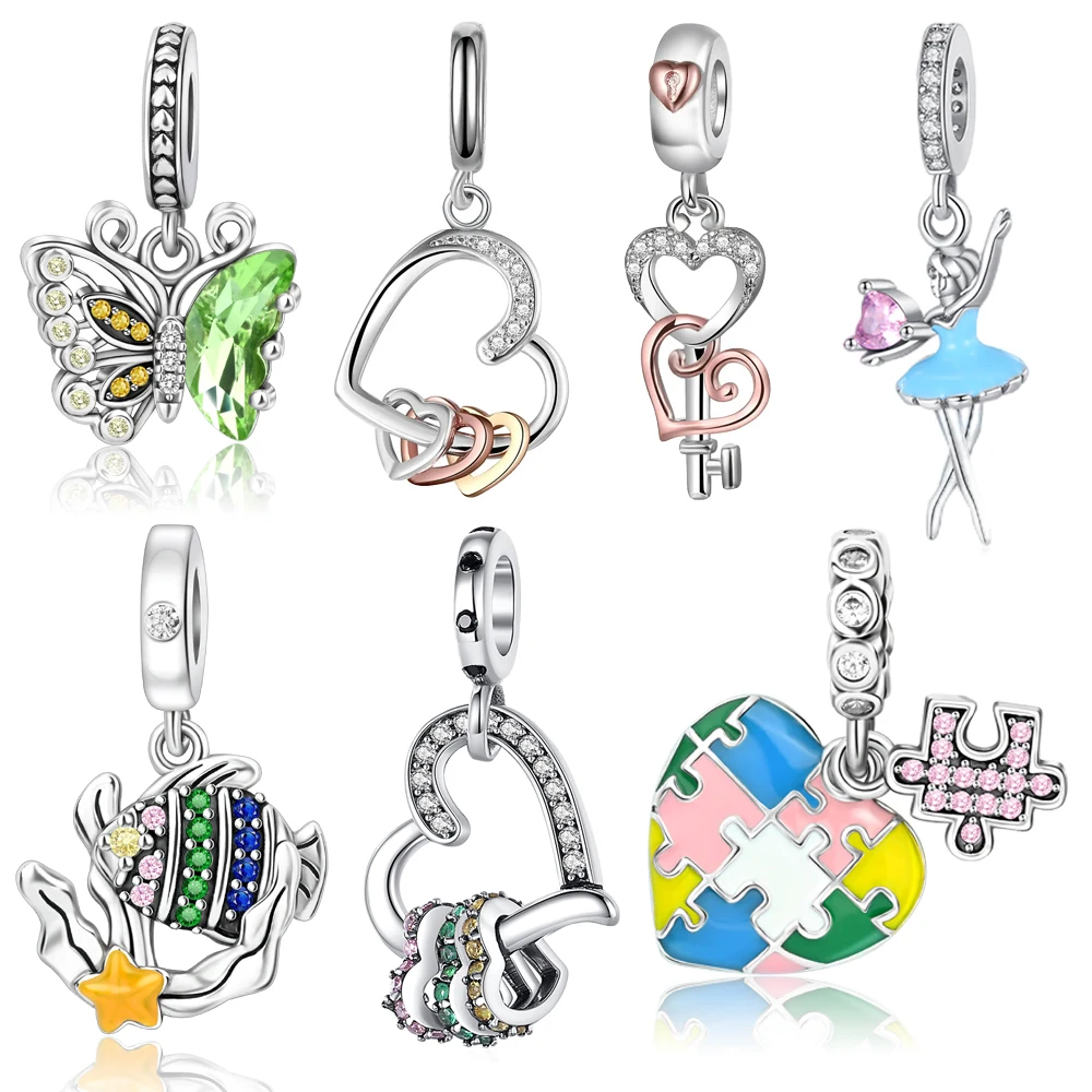 

925 Sterling Silver Sparkling Zircon Butterfly&Heart&Fish&Puzzle&Ballet Girl Pendant Fit Brand Bracelet Ladies' Elegant Jewelry
