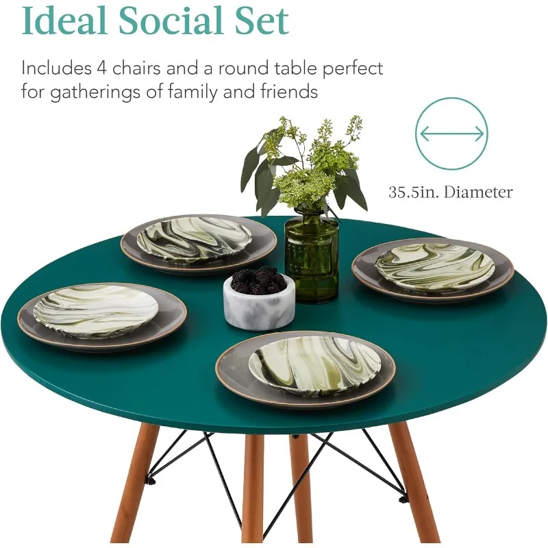 5-Piece Dining Set, Compact Apartment w/ 4 Chairs, Plastic Seats, Wooden Legs, Metal Frame - Dark Green/Walnut