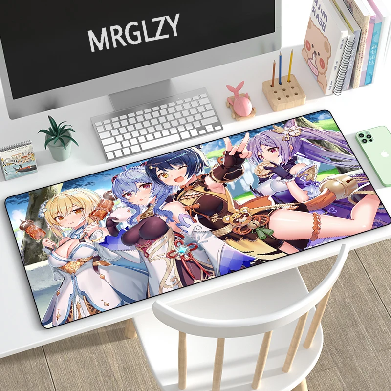 Mrglzy 400*900mm xxl genshin impacto mouse pad gamer peituda menina grande tapete de mesa computador jogos periféricos acessórios mousepads