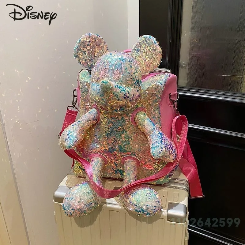 Mickey 2025 New Women's Backpack Fashion High Quality Glitter Doll Backpack Cartoon Versatile Large Capacity Women's Backpack