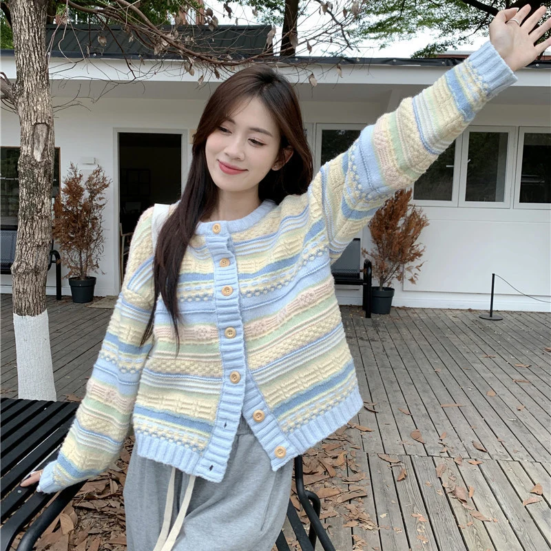 

2025 корейский лоскутный полосатый кардиган, женский вязаный кардиган с длинными рукавами, свитер, женские кардиганы с круглым вырезом, женские