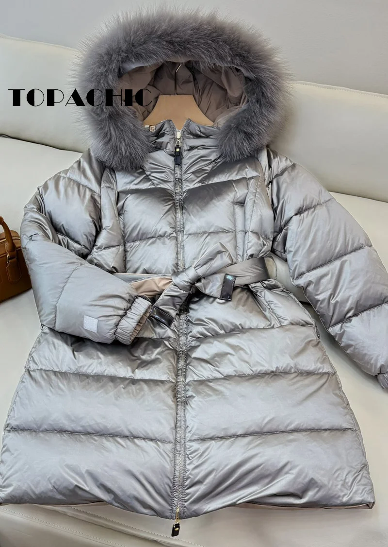 8.28 TOPACHIC-Women Elegant Fox Fur Collar Mid-Length Down Outerwear White Goose Down Hooded  Keep-warm Sashes Slim Jacket