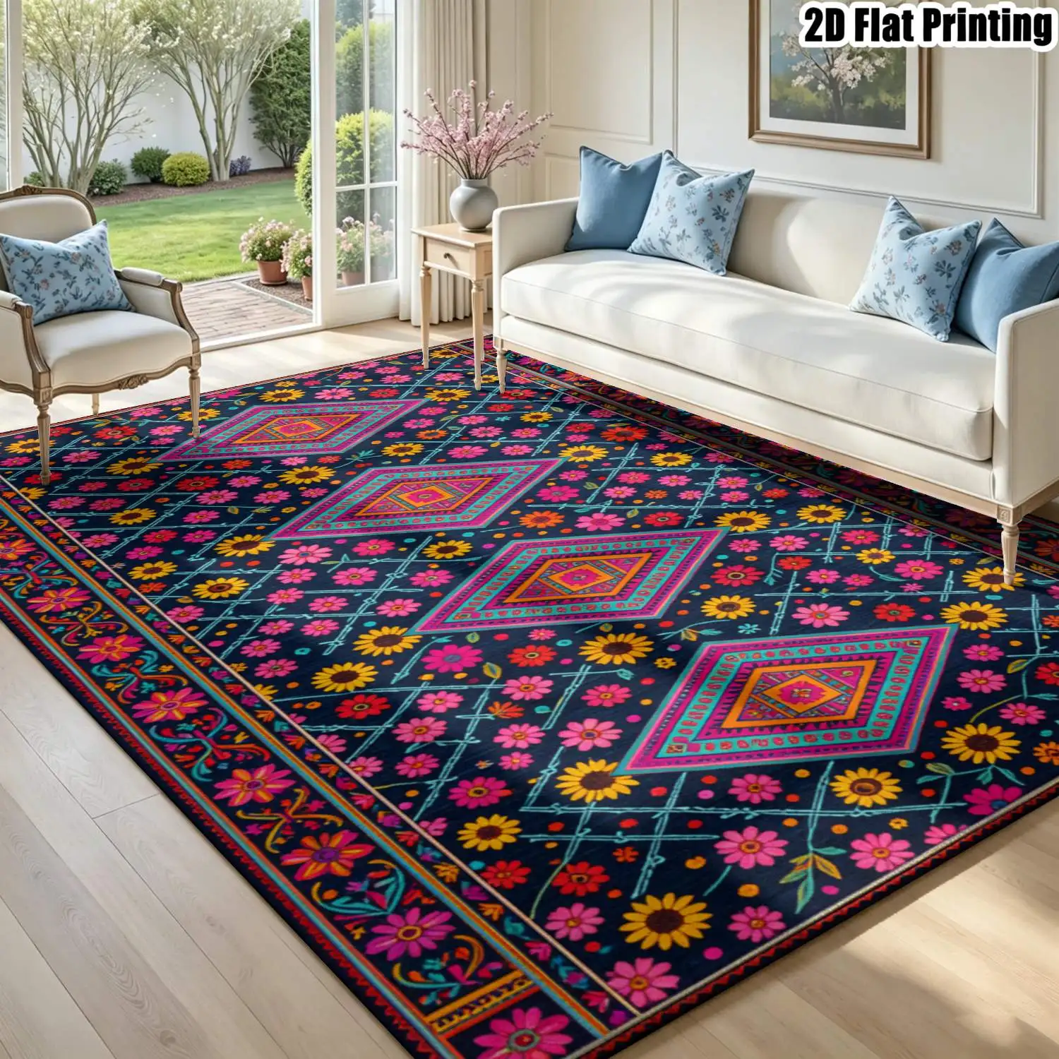 1Pc 2D Printed Carpet: Contrasting Floral & Geometric Bohemian Vintage European Style, Machine Washable, Multi-Size, Ideal for Home Decoration & Multi-Scene Use