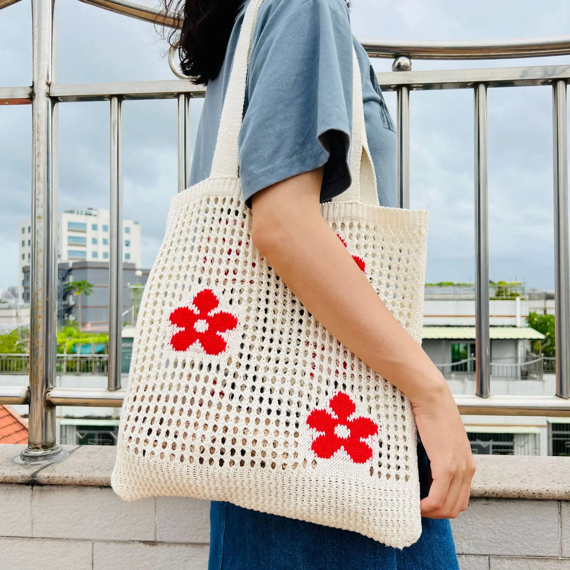 

Spring and Summer Flower Print Knit Handwoven Shopping Bag Hollow Out Soft Tote Women's Designer Trends Open Pocket Shoulder