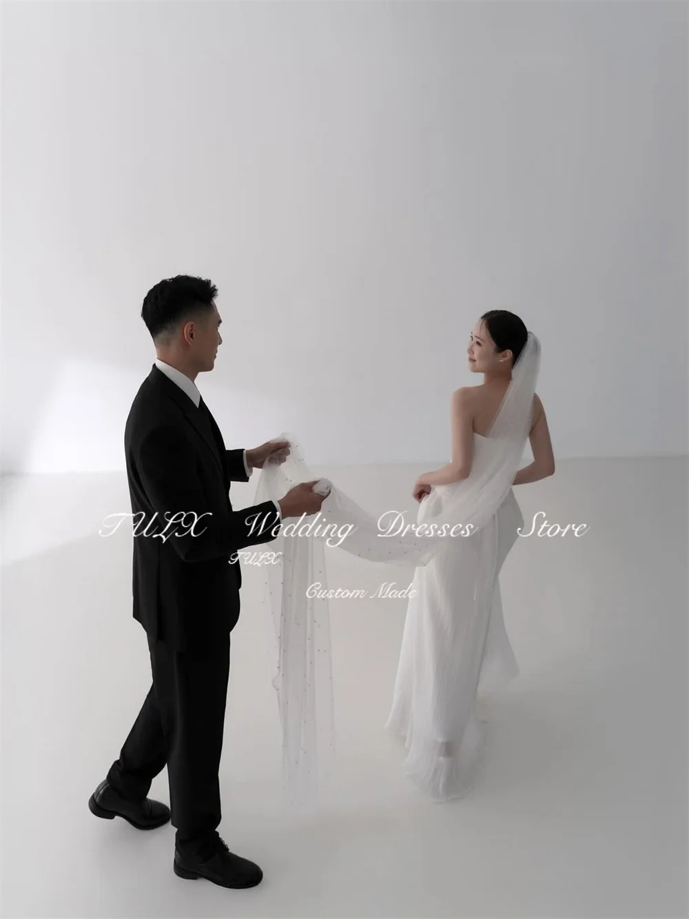 تولكس فساتين زفاف أنيقة عاجية ثنيات كوريا صورة تبادل لاطلاق النار بدون حمالات ألف خط طويل زي العرائس مشد مخصص ওয়েডিংдres 2026 #2