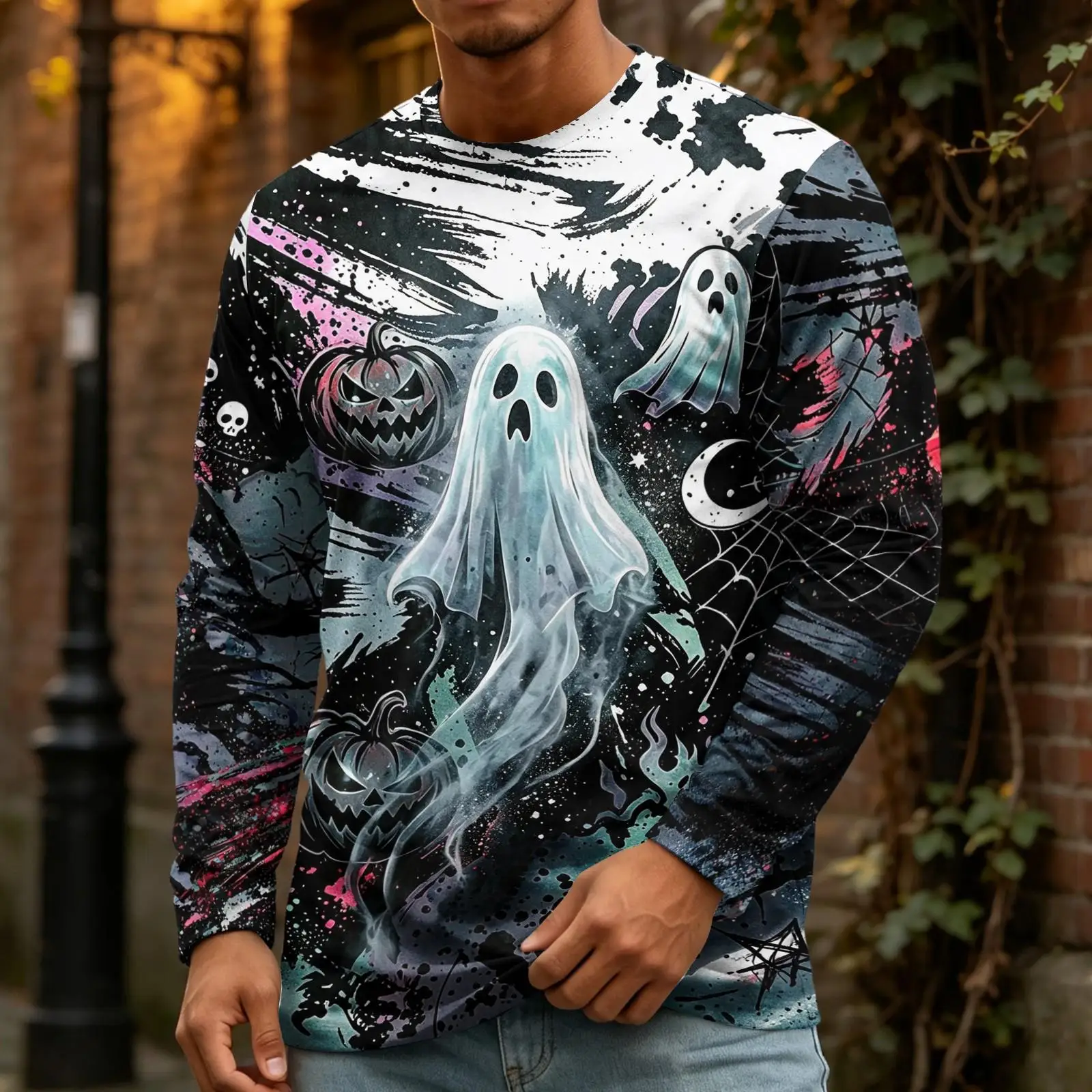 Men Long Sleeve T‑Shirt Halloween Ghost Pumpkin 3D Splash Ink Print Gothic Casual Street Tee