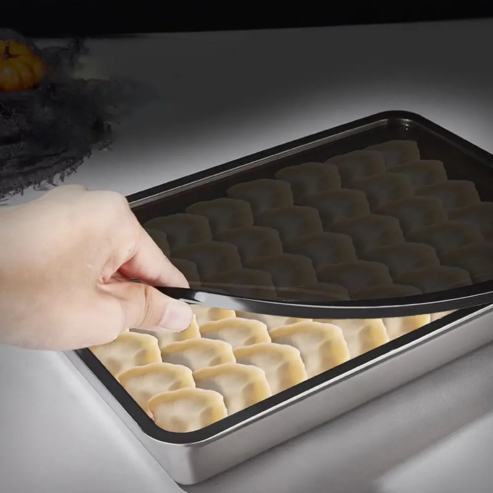 Stainless Steel Fresh-keeping Box Rectangular Non-stick Bottom Dumplings Box with Plastic Lid Large Size Food Storage Tray