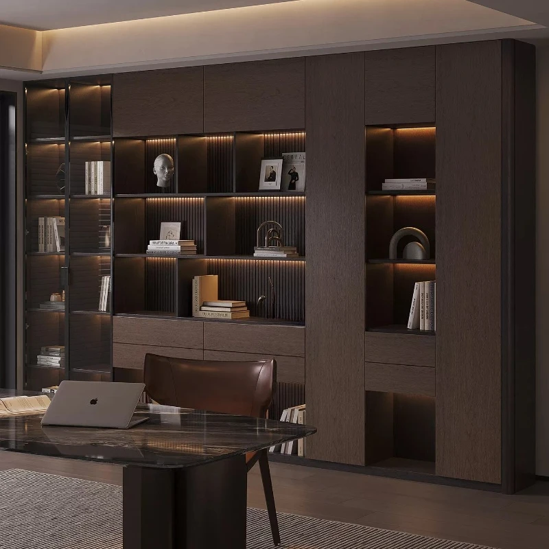 

Solid wood Italian minimalist arc anti-collision bookcase against the wall Living room bookshelf
