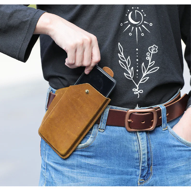 Crazy Horse leather retro men's mobile phone storage, cowhide men's waist bag with belt, anti-loss outdoor waist bag