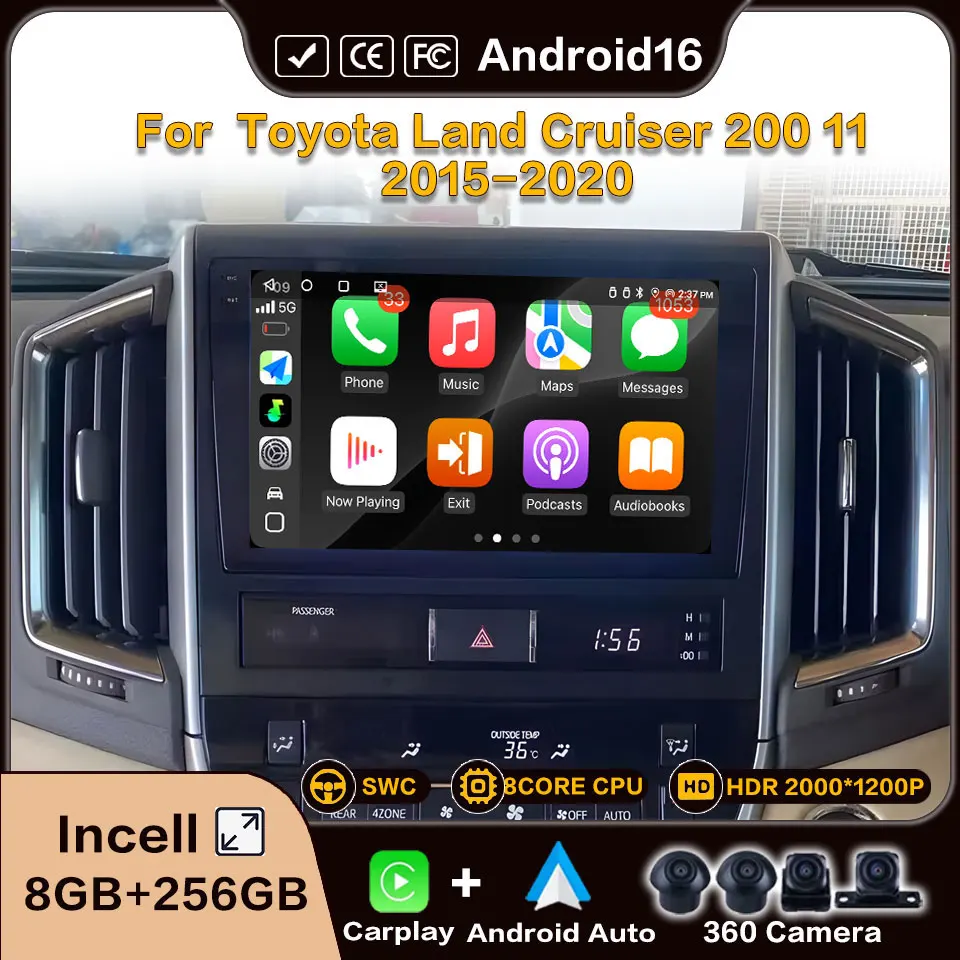 Car Radio Android 16 For Toyota Land Cruiser 200 11 2015 2016 - 2020 Carplay Android Auto Wireless 8Core Wifi Gps Automotive