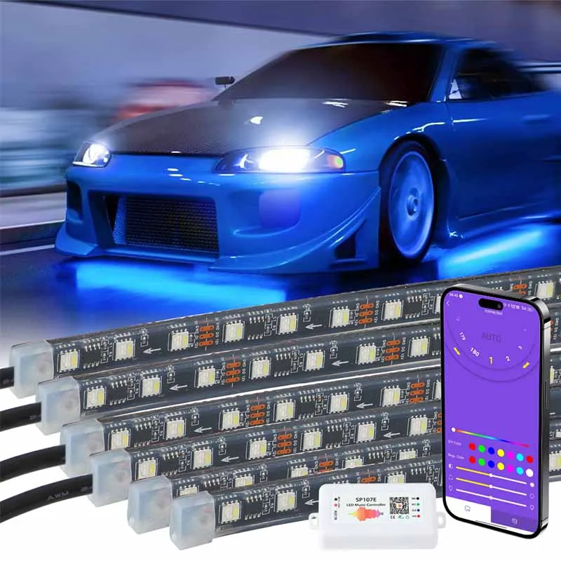 RGBW LED Underglow Dreamcolor + Pure White IP68 Waterproof Car Under Glow 6 Pcs Chasing Underbody Light Kit For Cars