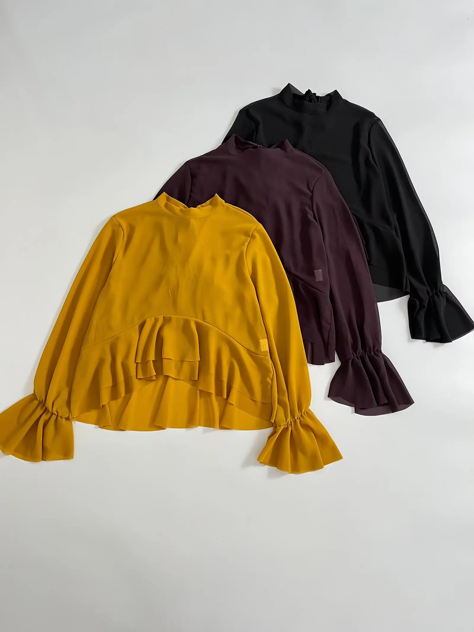 

HH Autumn Women Elegant Round Collar Lace-up Chic Long Sleeves Shirt Women Commuting Asymmetry Laminated Decoration Shirt