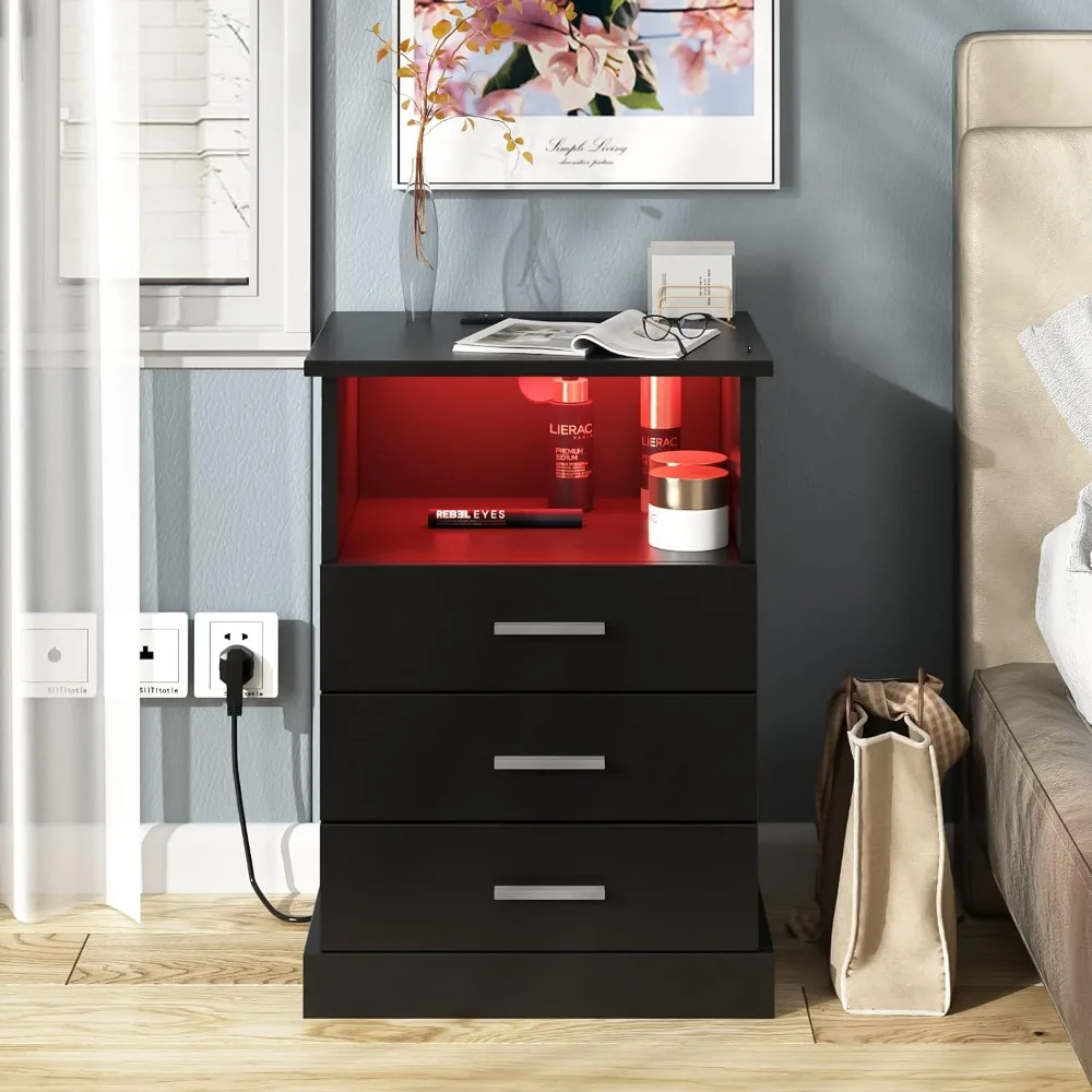 

LED Nightstand with Charging Station, Side Table with 3 Drawers and Light, End Table with Open Storage, Beside Cabinet