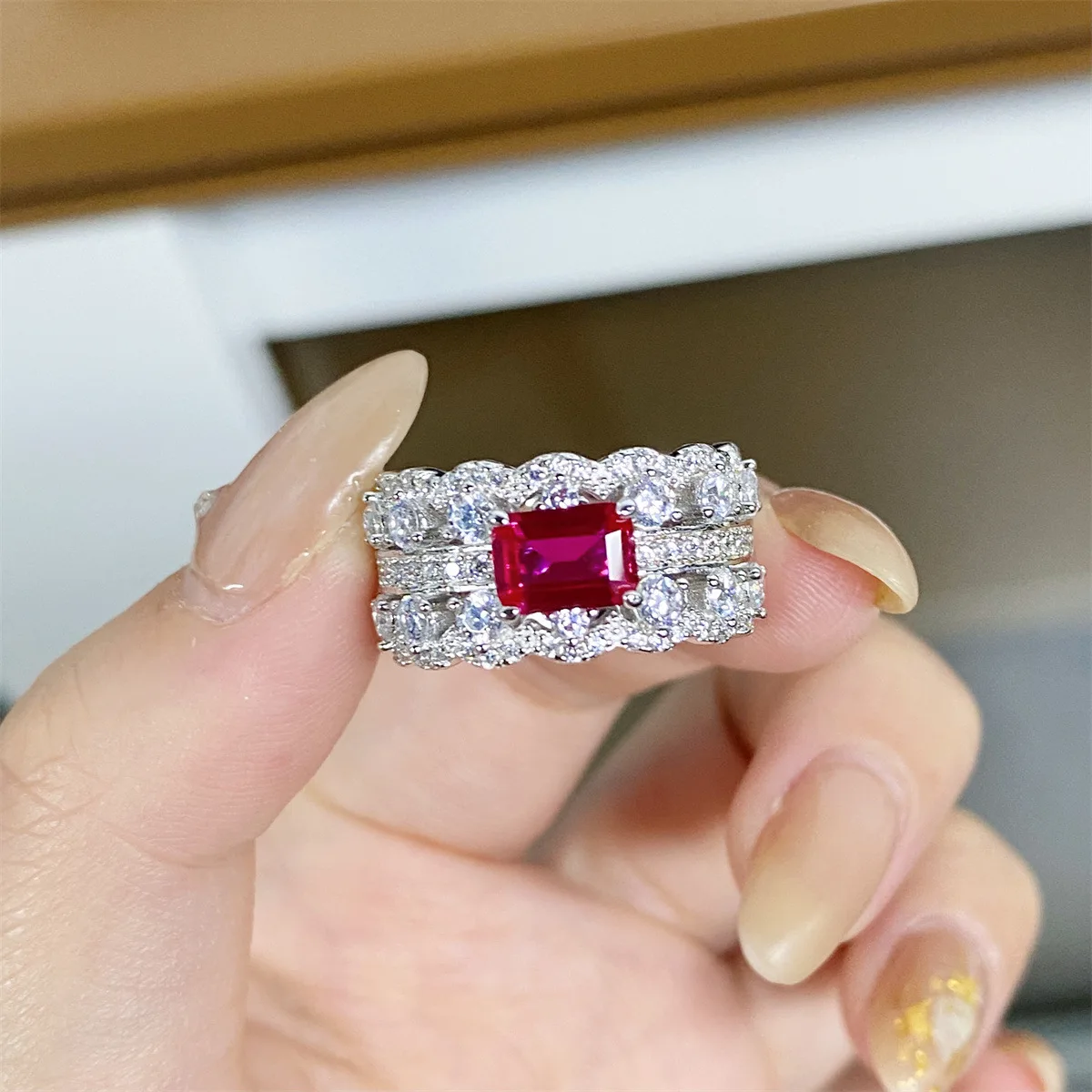 PT950 Platinum Lace Ring, Red Ruby and Ruby Emerald Cut Diamond Ring for Women