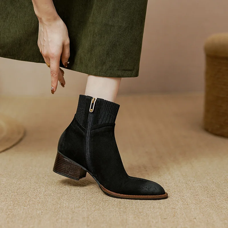 NEW Fall/Winter Women Shoes Pointed Toe Chunky Heel Boots Genuine Leather Black Boots for Women Fashion Hight Heel Modern Boots