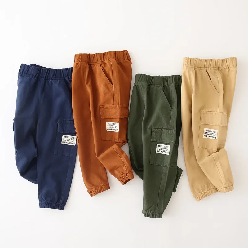 Kids Cargo Pants Solid Color Children Casual Trousers with Multi Pockets Elastic Waist Boys Cargo Pant Streetwear Spring Autumn