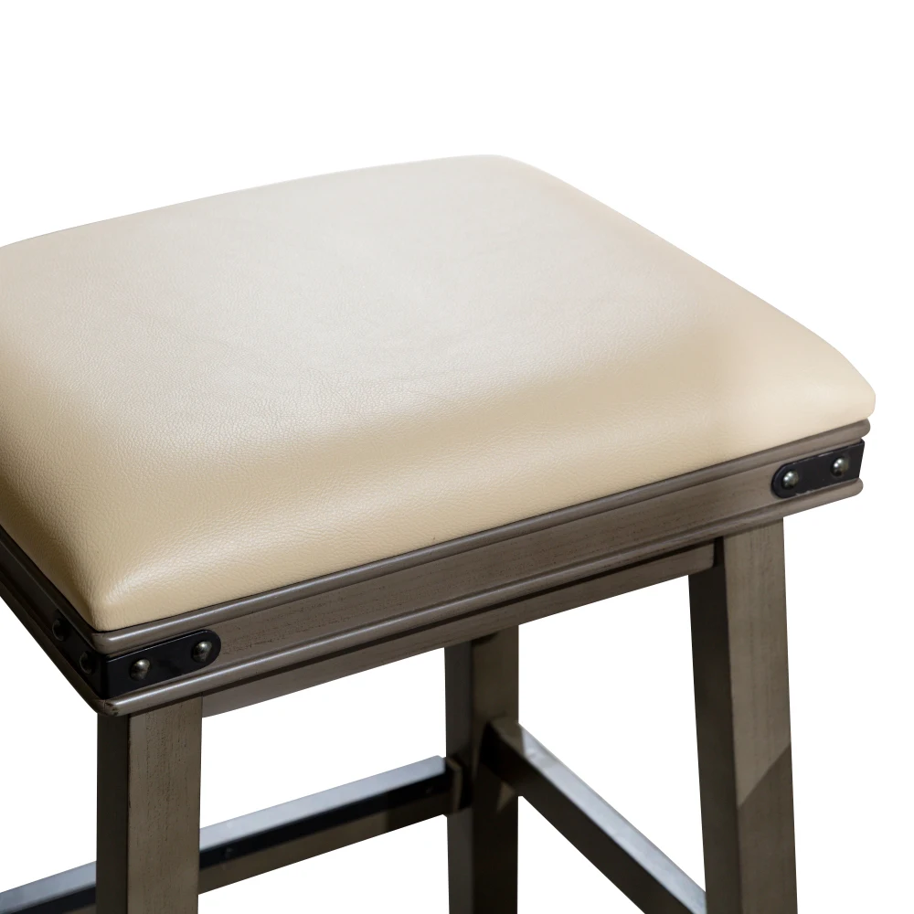 Tabouret de comptoir de 24 po, finition gris patiné, siège en cuir gris français