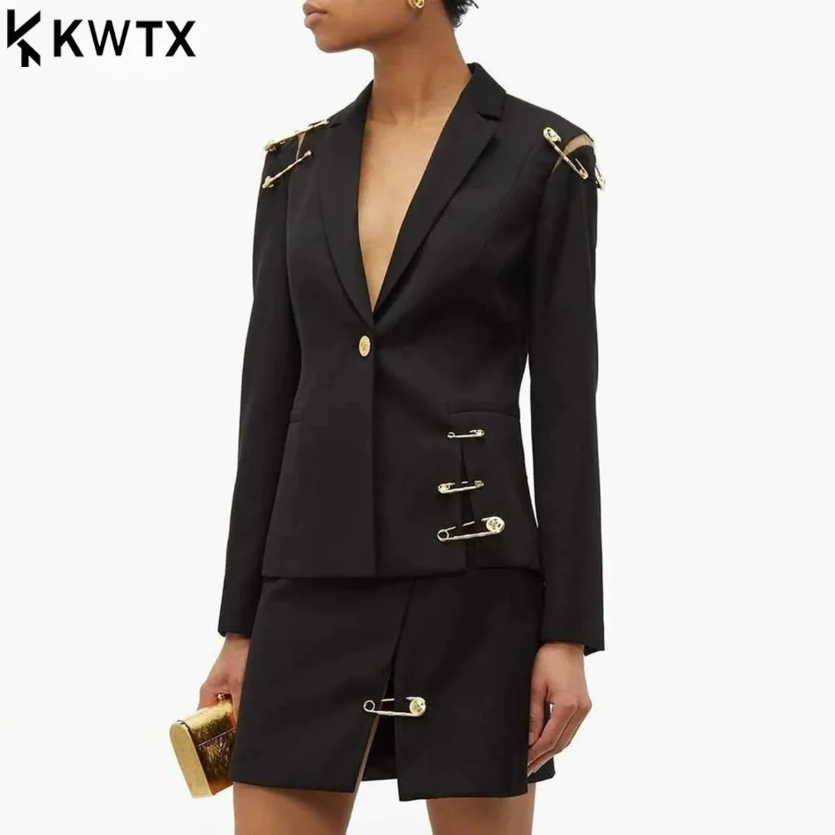 

KWTX 2025 Шикарный утягивающий блейзер с металлической булавкой для женщин с зубчатым воротником и длинными рукавами в стиле пэчворк, сетчатая модная куртка с вырезами