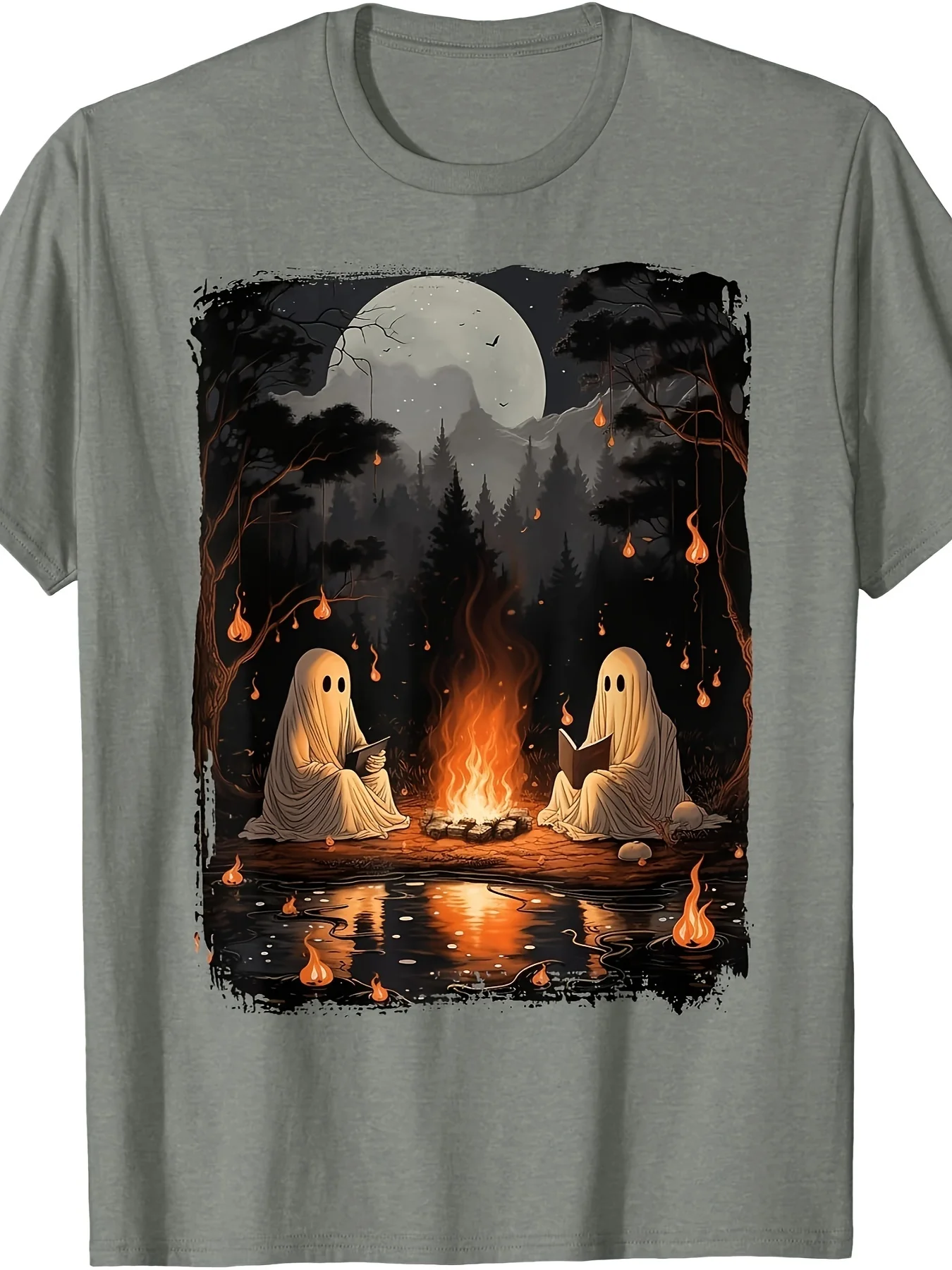 Vintage Ghost Book Reading Camping Goth Halloween Teacher Comfortable Casual Crew Neck Short Sleeve Medium Stretch