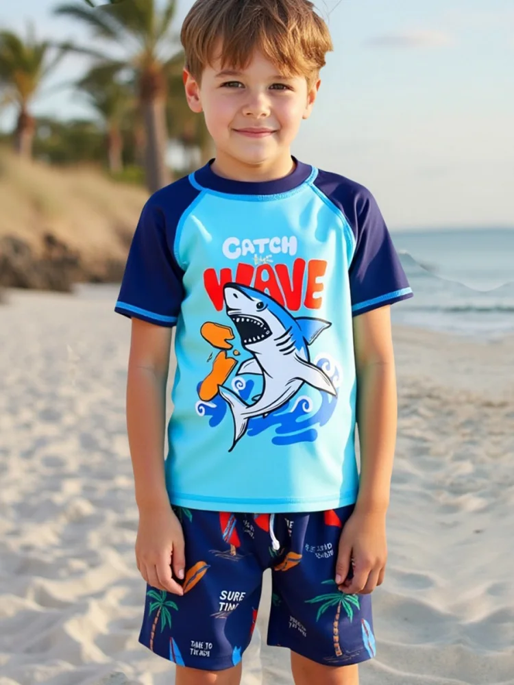 

Boy Kids Swimsuit 2025 New Cartoon Shark Short Sleeve Children Swimwear Summer Three Piece Beach Shorts Bathing Suit Swimming