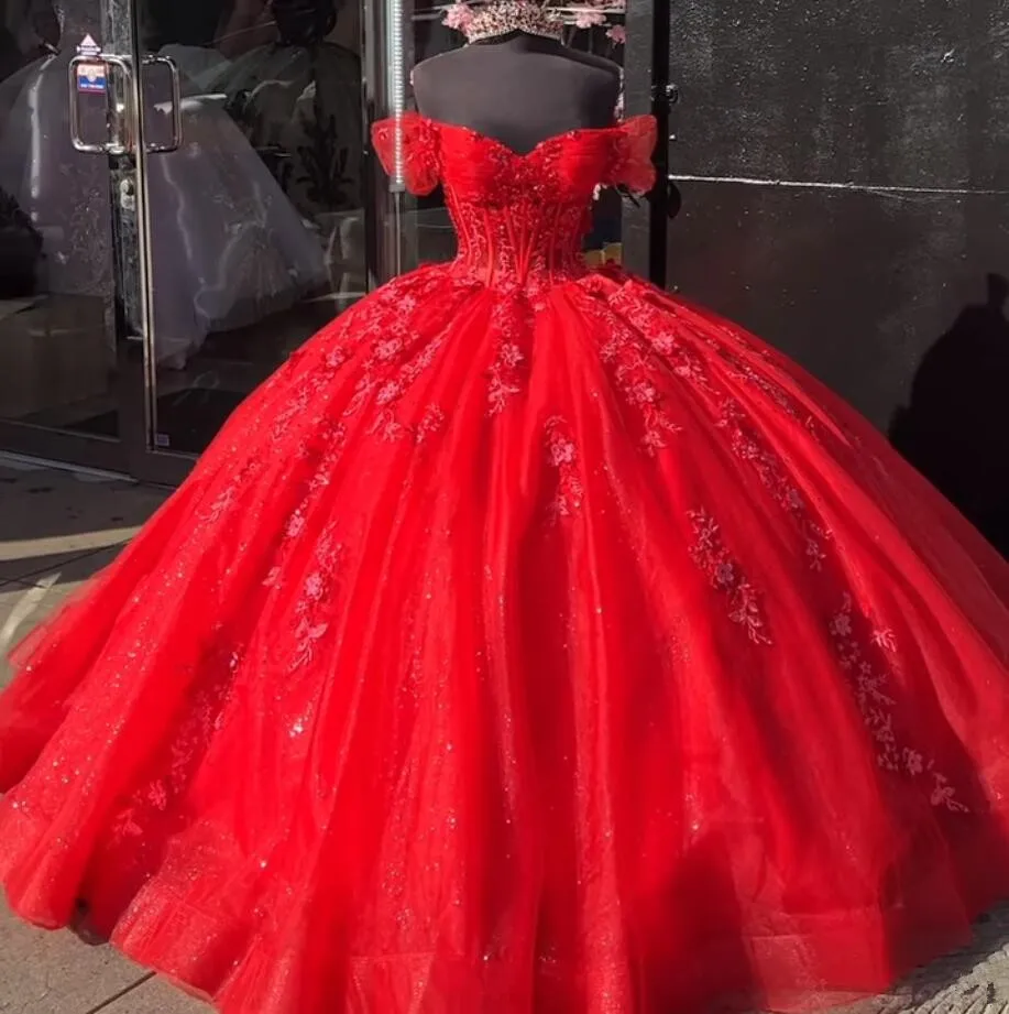 Vestido de princesa Quinceanera fora do ombro, vestido vermelho flor de cerejeira, espartilho apliques brilhantes, 15 anos, 24 anos, 2024