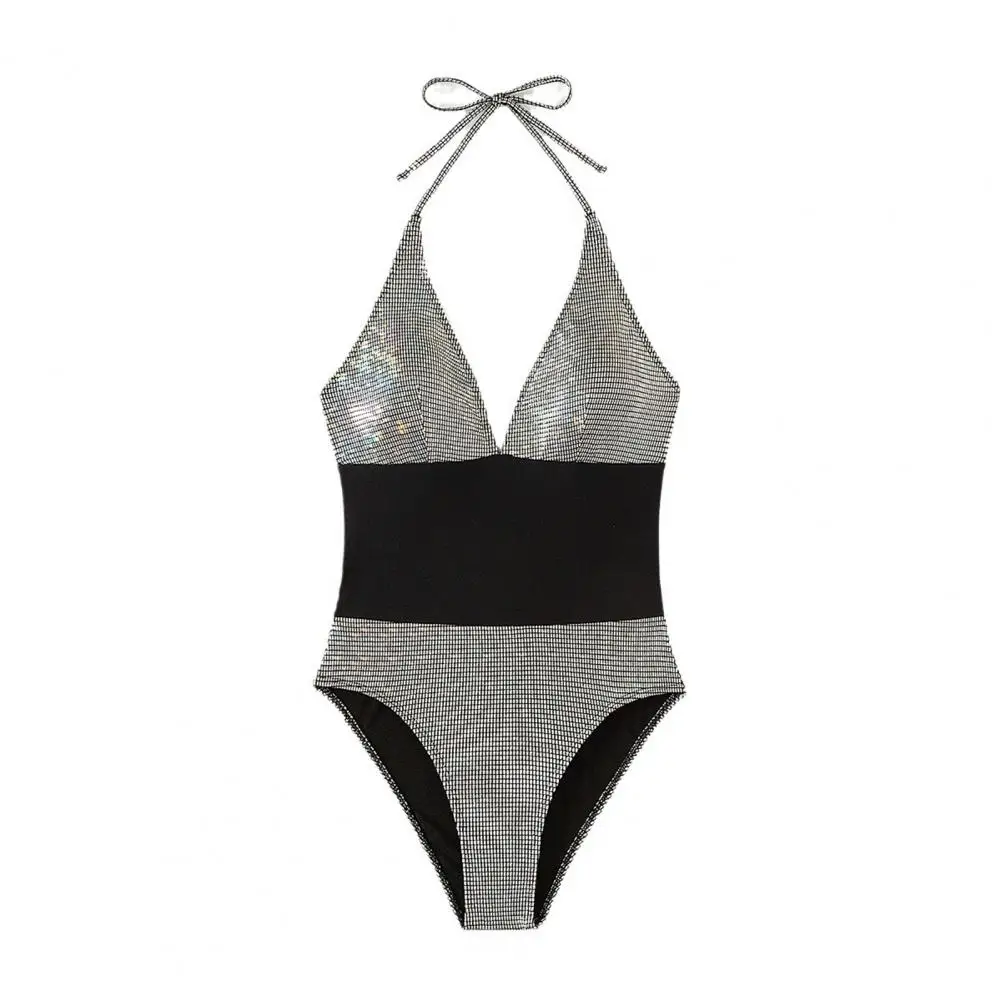 Maillot de bain une pièce en nylon spandex à lacets, monokini patchwork à sequins, dos nu, taille haute, vêtements de plage