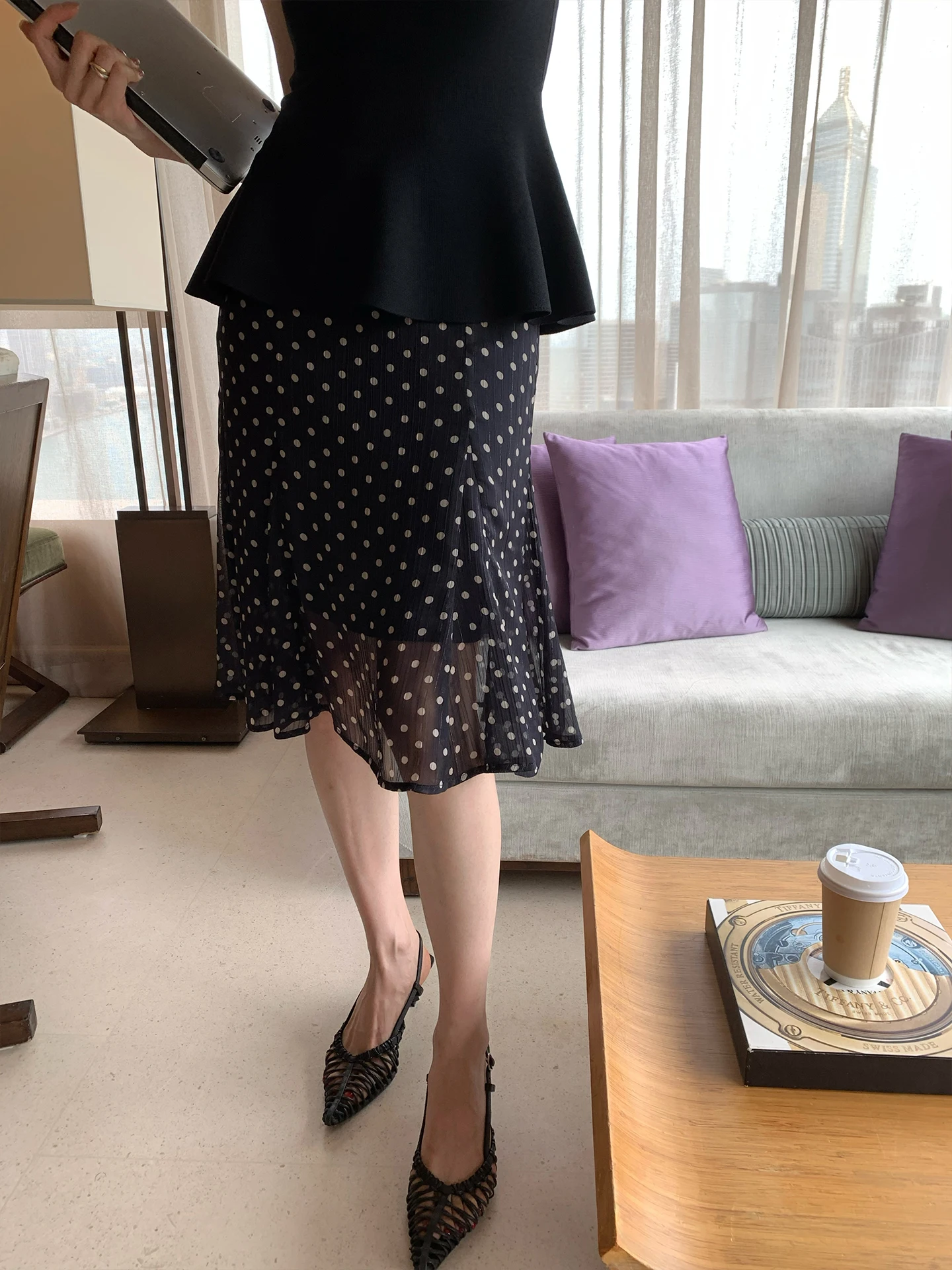 

Dragon Joy Polka Dot High Waist A-Line Midi Skirt Women's Summer Classic Elegant Gored Hem Half-length Skirts D466