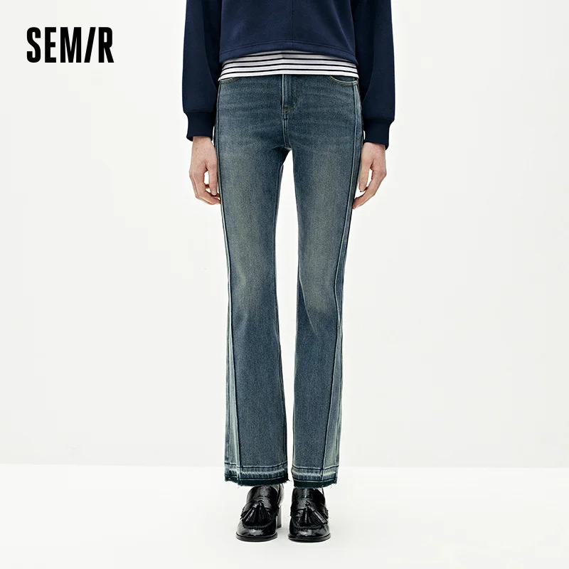 Semir Women Denim Jeans Stretch Panel Design Fleece Lined Raw Hem Streetwear Flared Leg 2026 New Winter Daily Wear