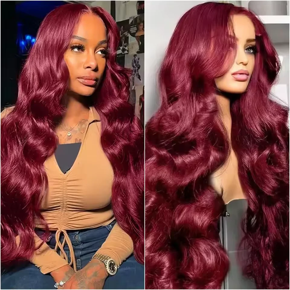 

13X6 HD кружевной бордовый объемная волна 200 плотность 36 дюймов передние парики из натуральных волос 99j цветной фронтальный парик для женщин