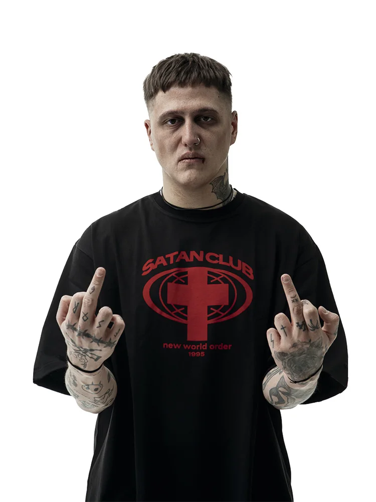 Men T-Shirts Satan Club Graphic Tops Y2k Cotton Streetwear Summer Fashion Oversized Short Sleeve Tees Vintage Printed Clothing
