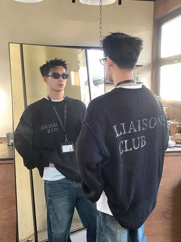 

Retro American Printed Knitwear Men's Loose Fit round Ne Long Sve Bla Sweater Faionable Versatile Spring Autumn Wear